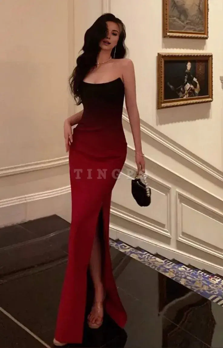 TingPo Wholesale Sexy Mermaid Strapless Ombre Burgundy Satin Long Prom Dress Evening Dresses