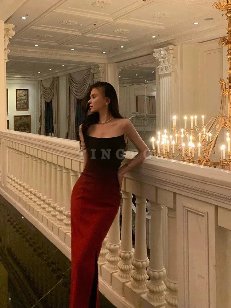 TingPo Wholesale Sexy Mermaid Strapless Ombre Burgundy Satin Long Prom Dress Evening Dresses