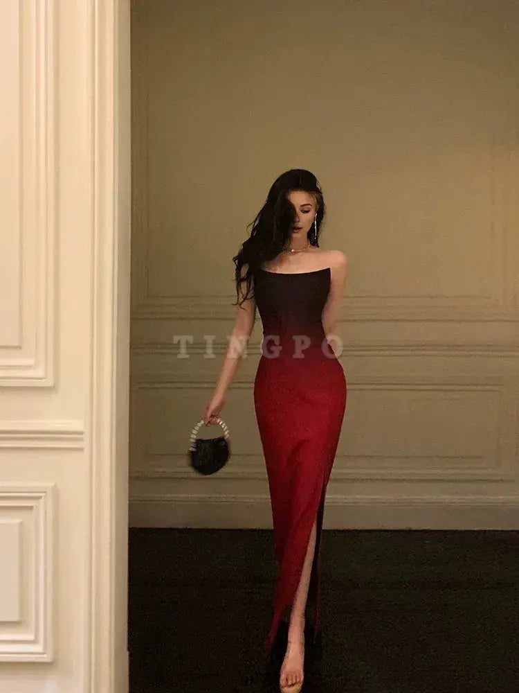 TingPo Wholesale Sexy Mermaid Strapless Ombre Burgundy Satin Long Prom Dress Evening Dresses