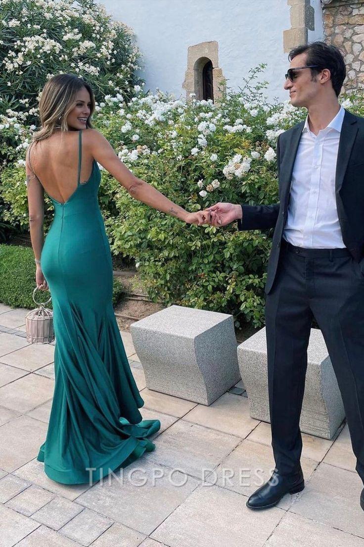 TingPo Wholesale Sexy Mermaid Straps Dark Green Backless Prom Dresses Evening Dress