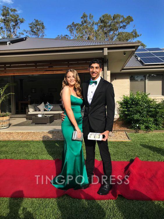 TingPo Wholesale Sexy Mermaid Straps Dark Green Backless Prom Dresses Evening Dress