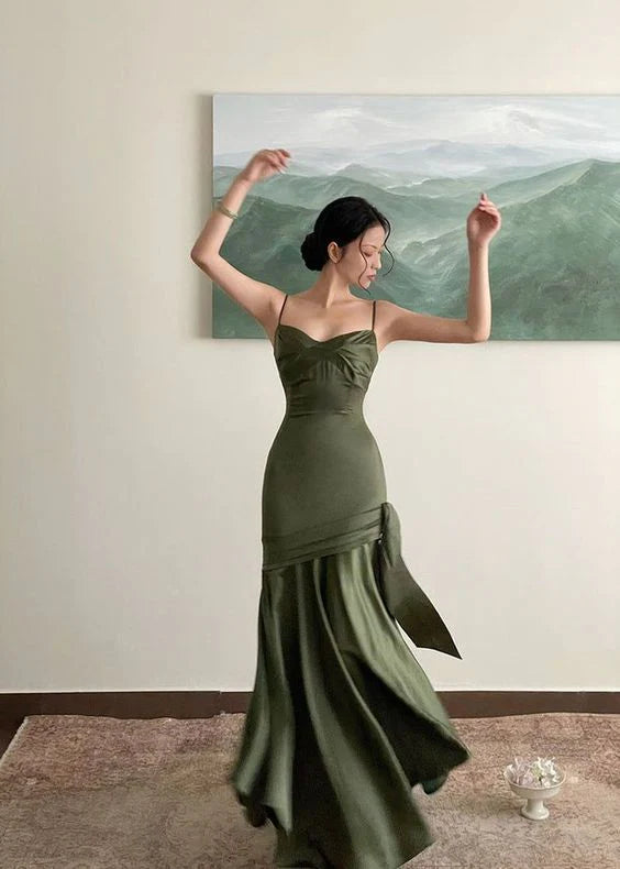 TingPo Wholesale Sexy Mermaid Straps Green Party Dresses Satin Long Prom Dresses