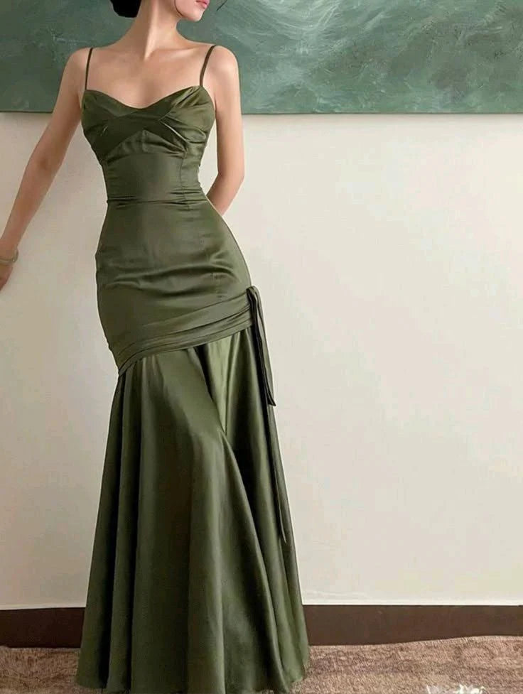 TingPo Wholesale Sexy Mermaid Straps Green Party Dresses Satin Long Prom Dresses