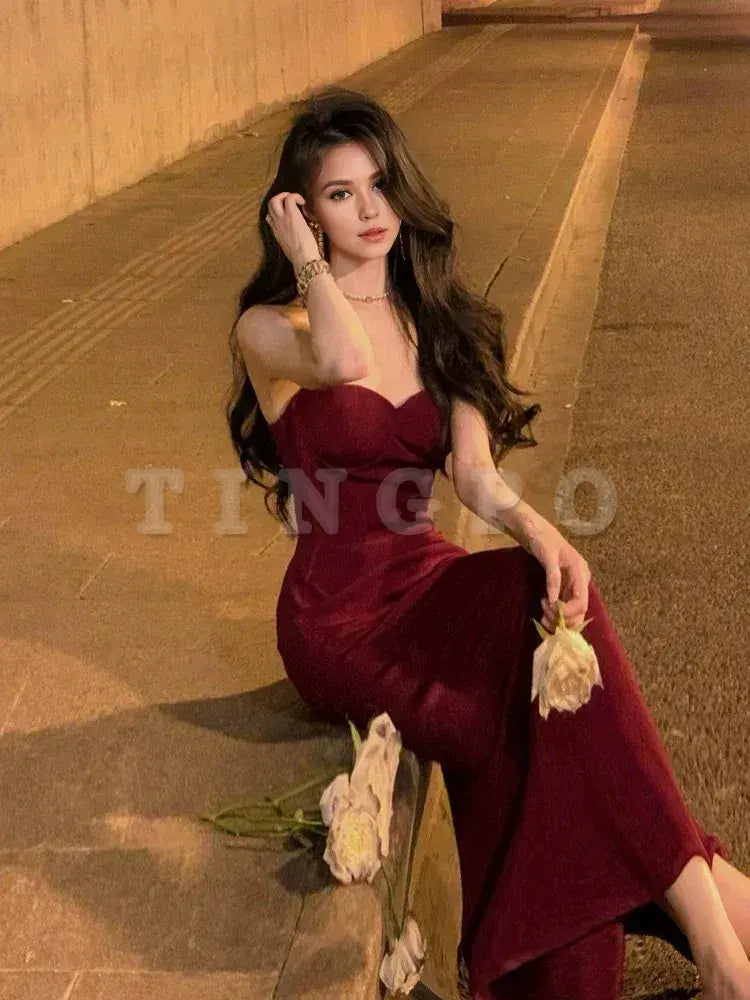 Wholesale Sexy Mermaid Straps Velvet Burgundy Long Prom Dress Evening Dresses formal wear dresses