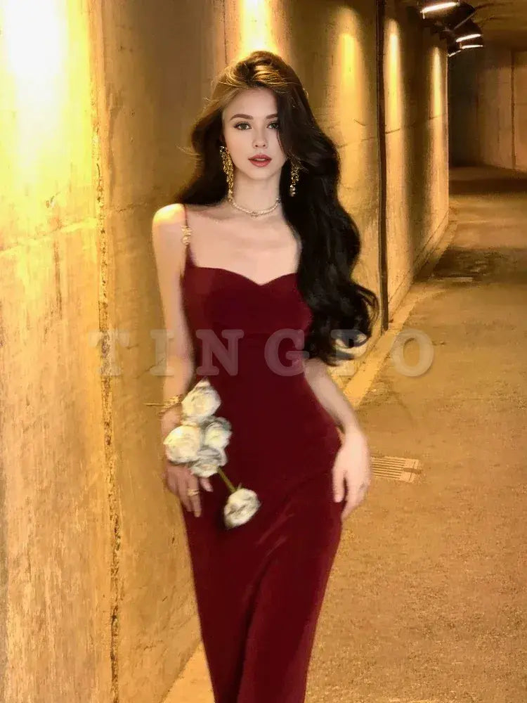 Wholesale Sexy Mermaid Straps Velvet Burgundy Long Prom Dress Evening Dresses formal wear dresses