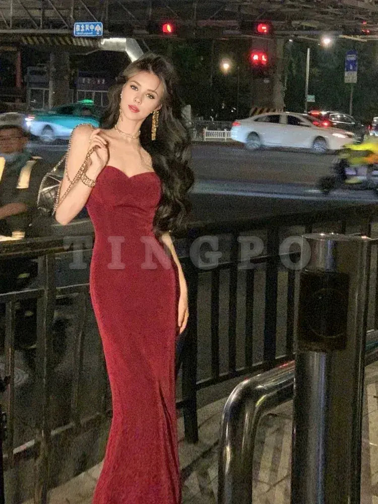 Wholesale Sexy Mermaid Straps Velvet Burgundy Long Prom Dress Evening Dresses formal wear dresses