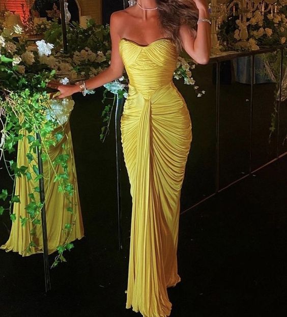 TingPo Wholesale Sexy Mermaid Sweetheart Ruffles Yellow Prom Dress Weddingh Guest Dresses