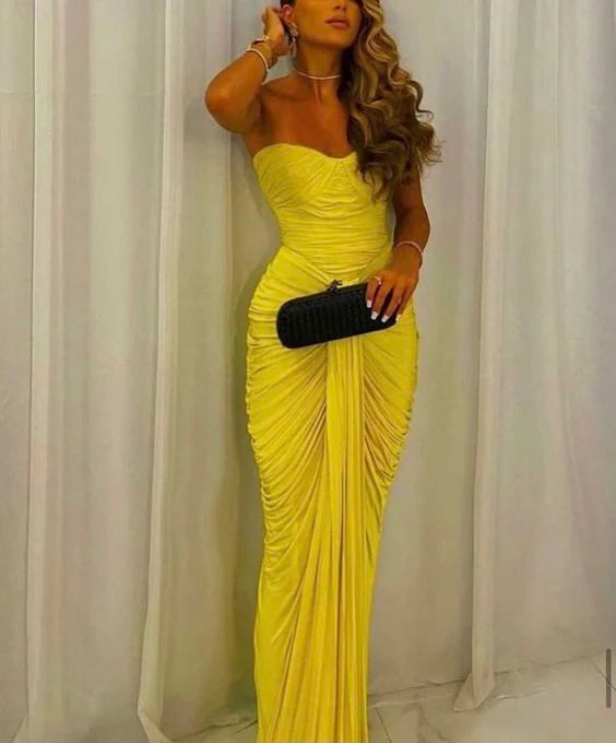 TingPo Wholesale Sexy Mermaid Sweetheart Ruffles Yellow Prom Dress Weddingh Guest Dresses