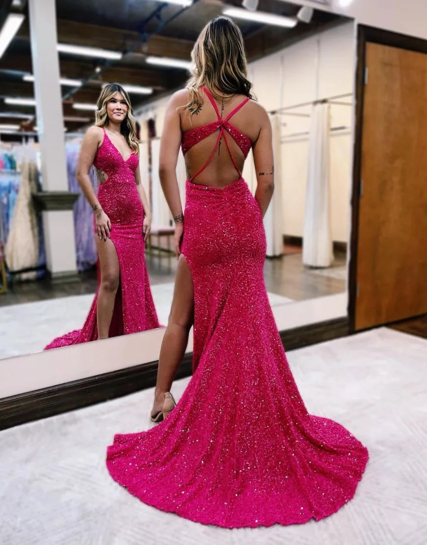 Wholesale Sexy Mermaid V-Neck Sequin Prom Dress With Split prom dresses shops