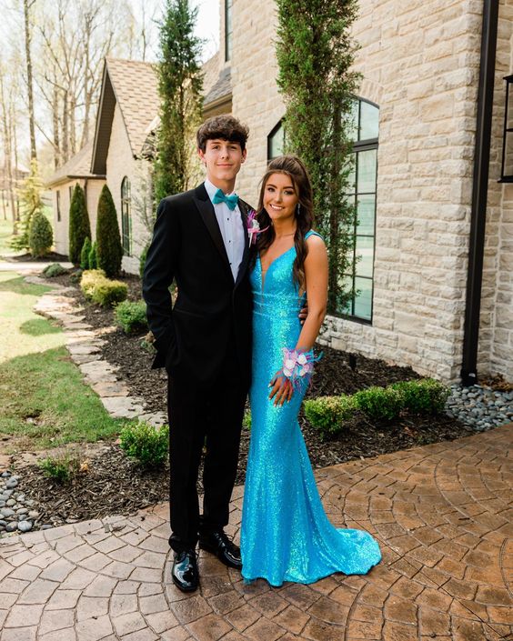 TingPo Wholesale Sexy Mermaid V neckline Blue Sequin Prom Dresses Evening Dress