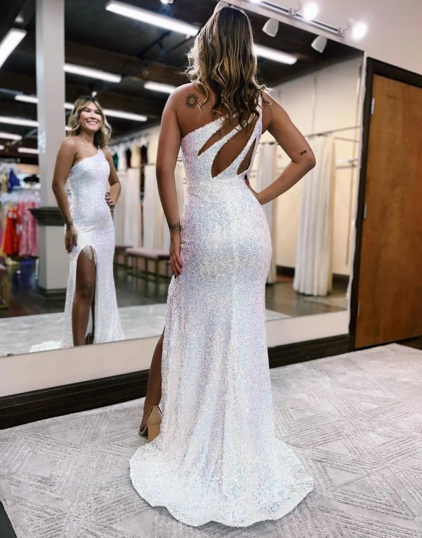 Wholesale Sexy One Shoulder Long Glitter Sequin Prom Dress With Split long prom dresses with sleeves