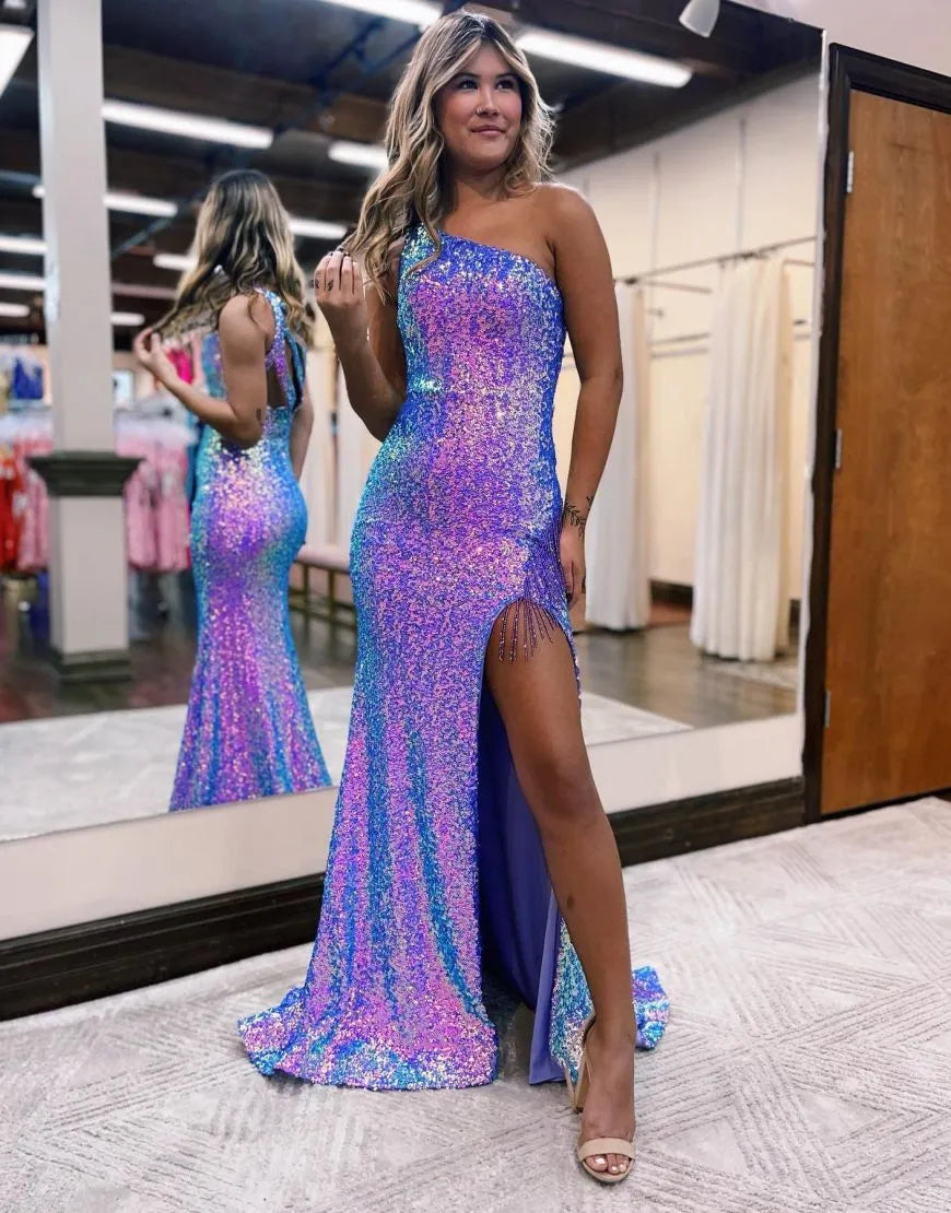 Wholesale Sexy One Shoulder Long Glitter Sequin Prom Dress With Split prom dresses with long sleeves