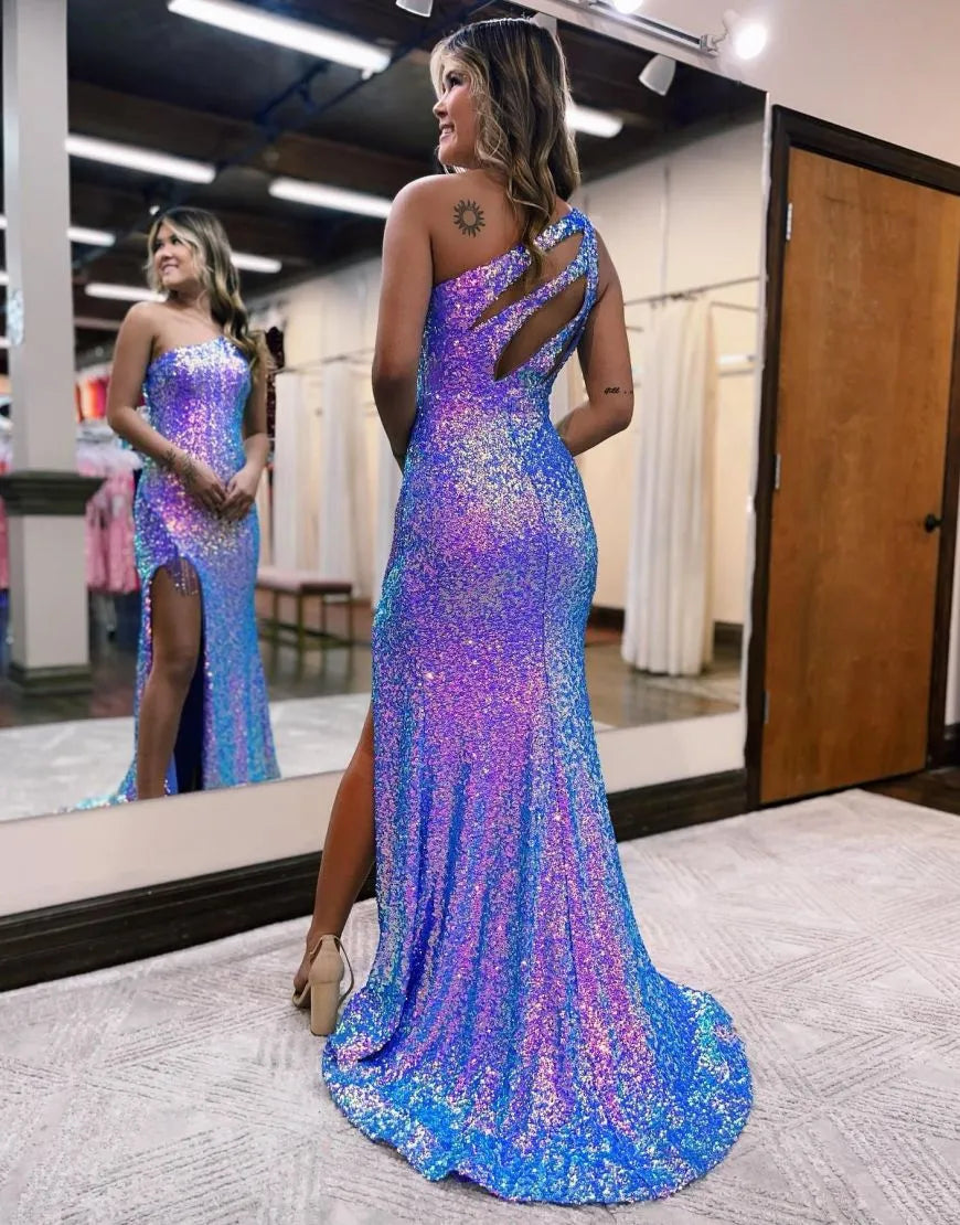 Wholesale Sexy One Shoulder Long Glitter Sequin Prom Dress With Split prom dresses with long sleeves