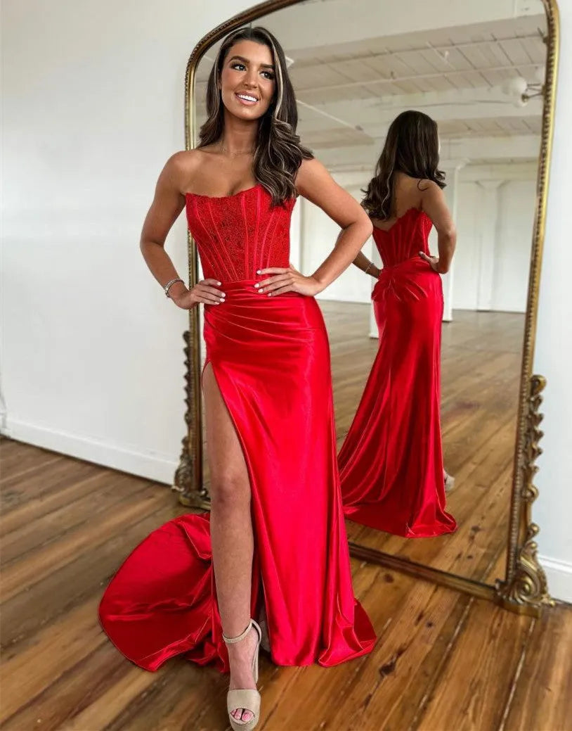 Wholesale Sexy Red Strapless Long Prom Dress With Split