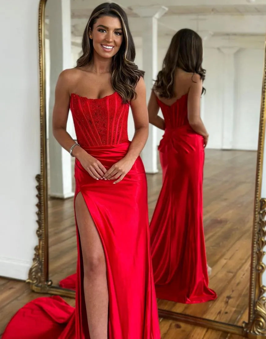 Wholesale Sexy Red Strapless Long Prom Dress With Split