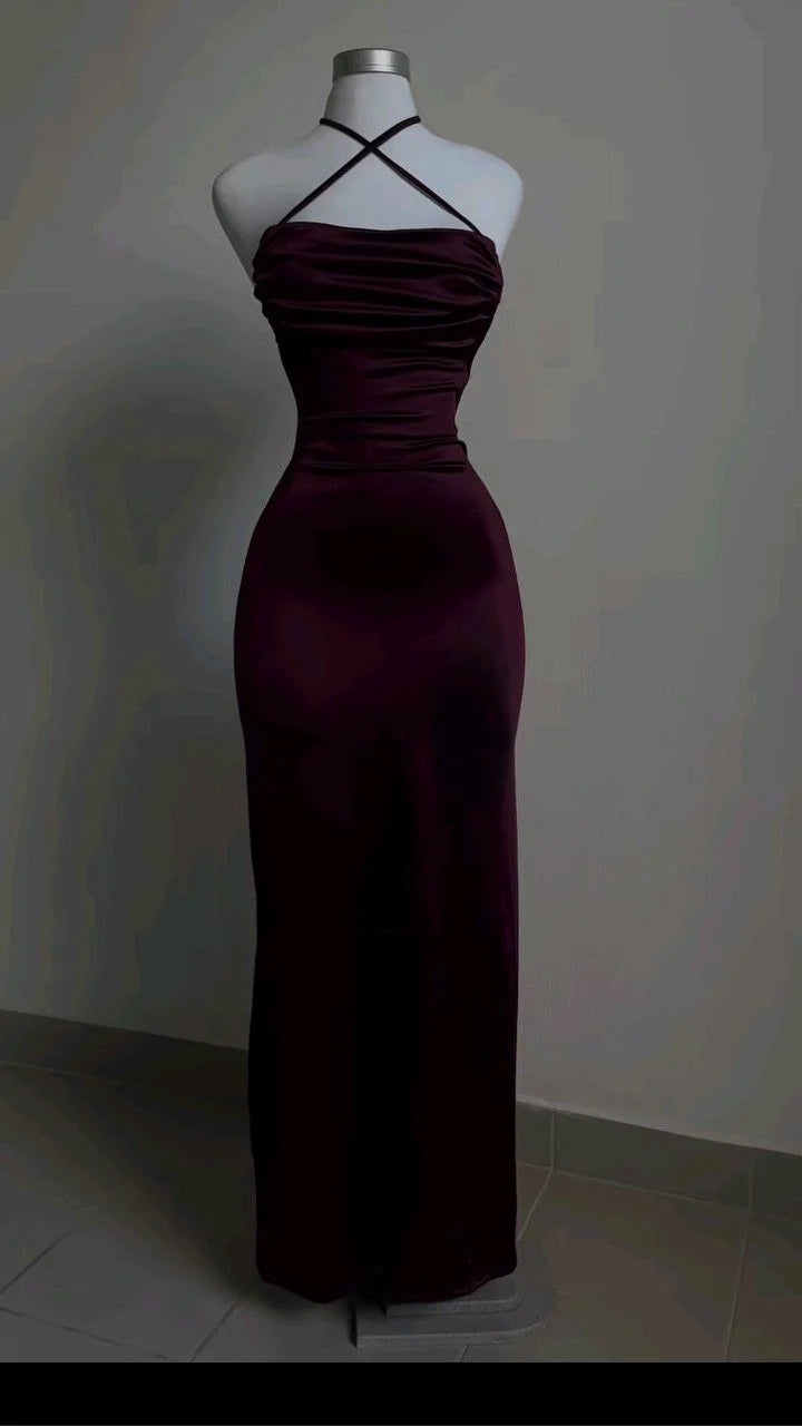 Wholesale Sexy Sheath Halter Burgundy Slim Fit Long Prom Dress Evening Dresses gowns evening dresses
