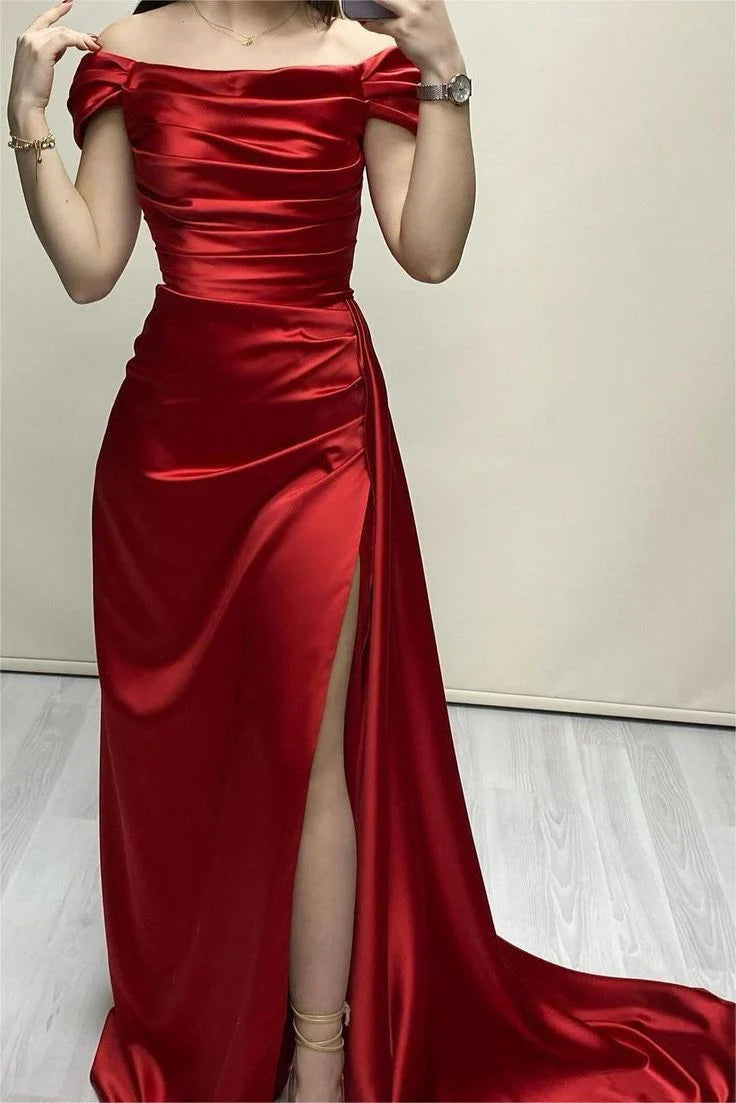 Wholesale Sexy Sheath Off The Shoulder Red Slit Long Prom Dress Evening Dresses formal wear dresses