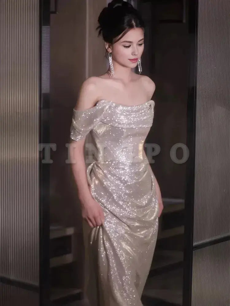 Wholesale Sexy Sheath Off The Shoulder Sequin Long Evening Dress Prom Dresses Birthday Outfits formal wear dresses
