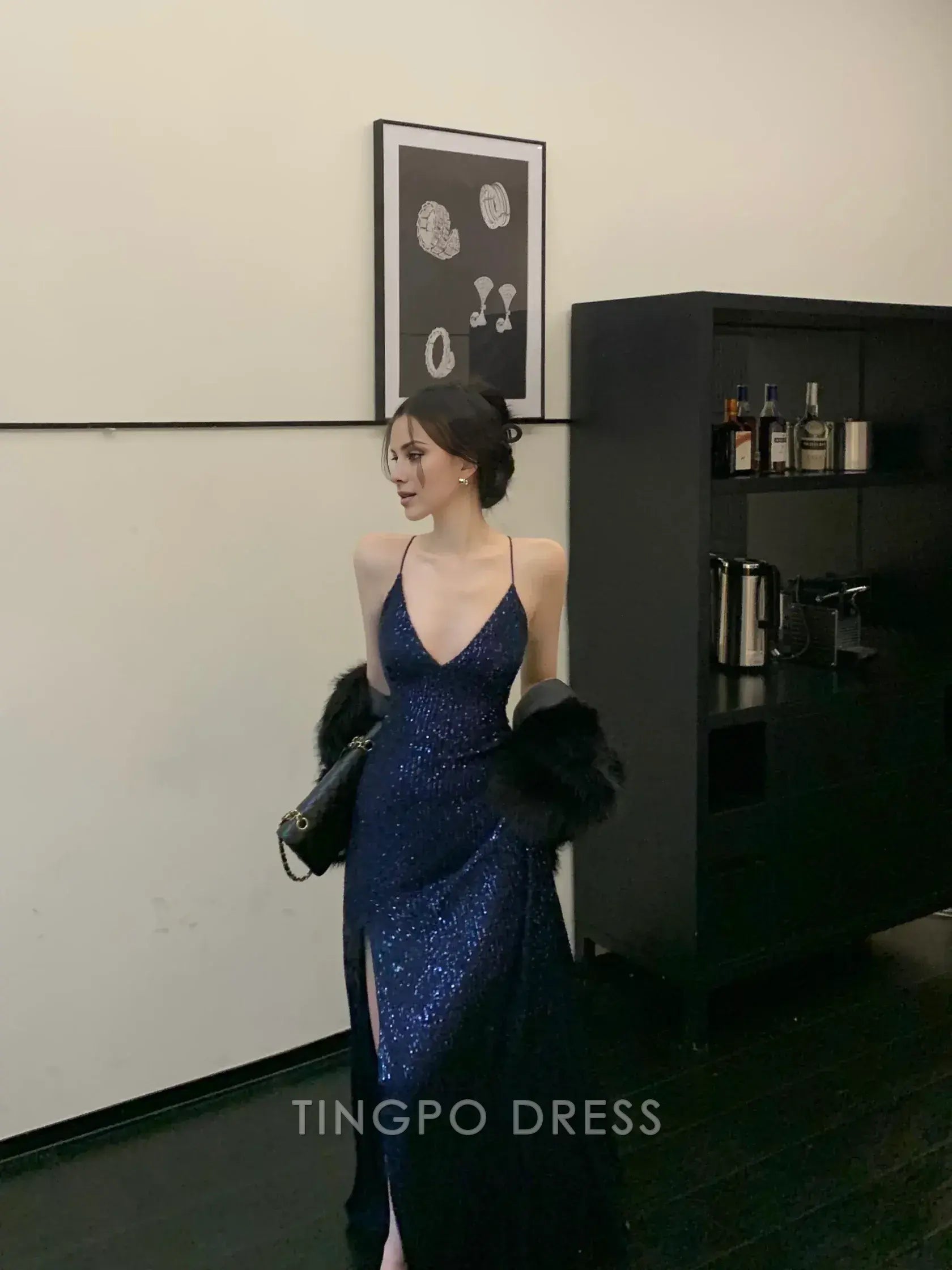 TingPo Wholesale Sexy Sheath Spaghetti Straps Navy Blue Sequin Floor Length Evening Dress Sequin Prom Dresses