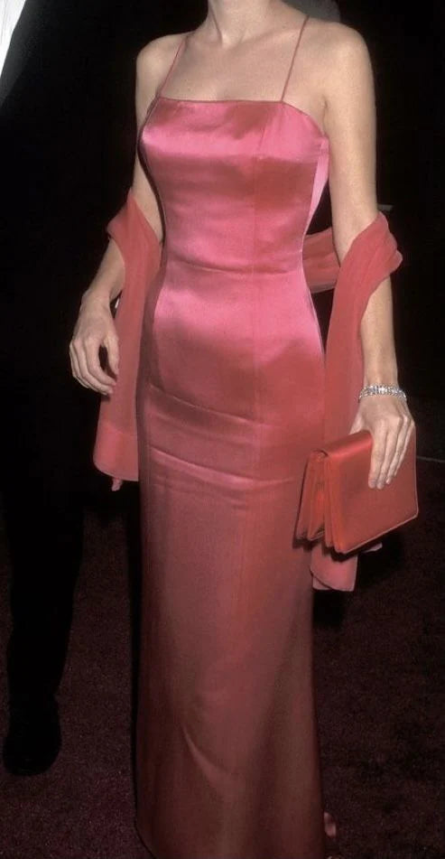 TingPo Wholesale Sexy Sheath Spaghetti Straps Pink Satin Long Prom Dress Birthday Outfits With Ribbon