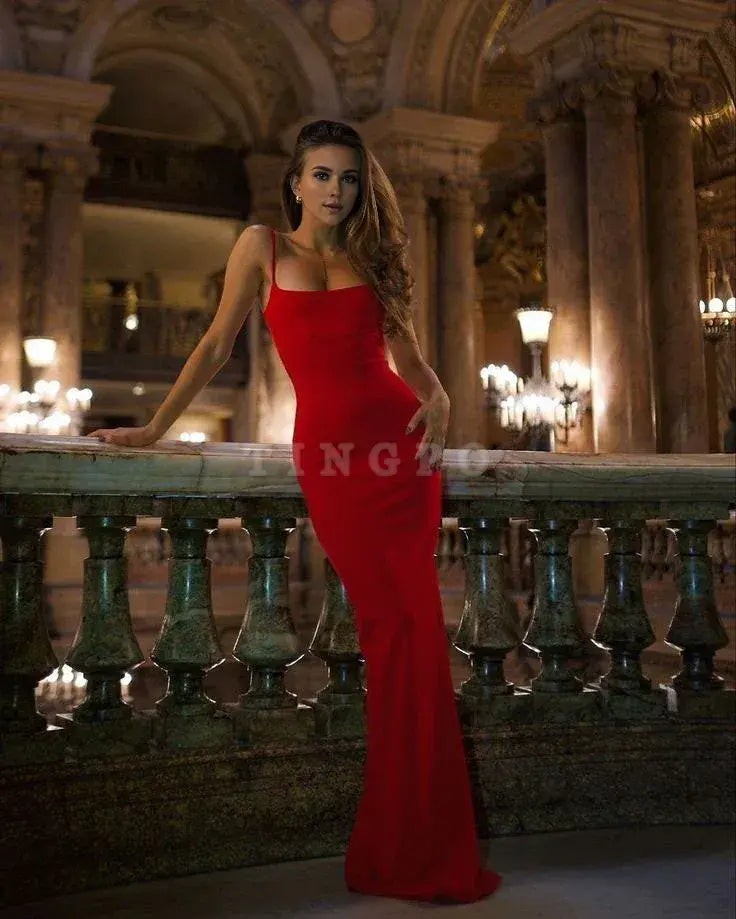 Wholesale Sexy Sheath Spaghetti Straps Slim Fit Red Long Prom Dress Evening Dresses formal wear dresses