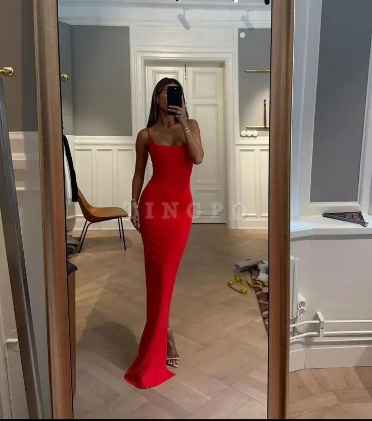 Wholesale Sexy Sheath Spaghetti Straps Slim Fit Red Long Prom Dress Evening Dresses formal wear dresses