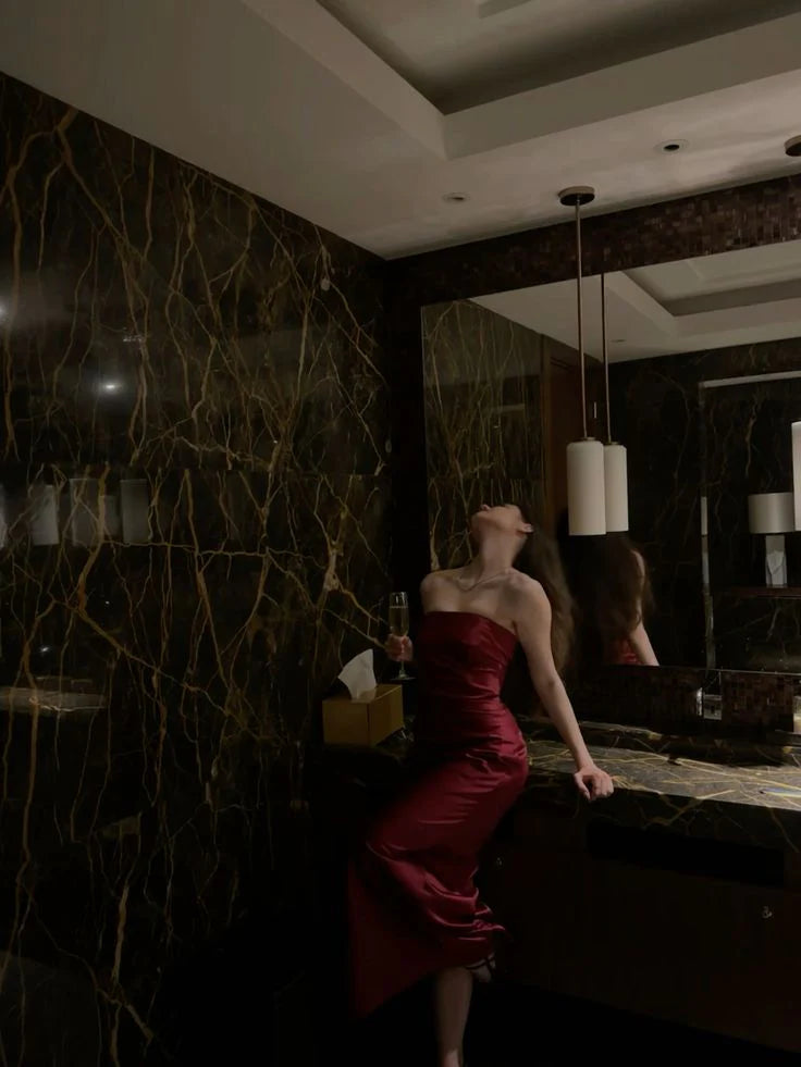 Wholesale Sexy Sheath Strapless Burgundy Satin Long Prom Dress Evening Dresses formal wear dresses