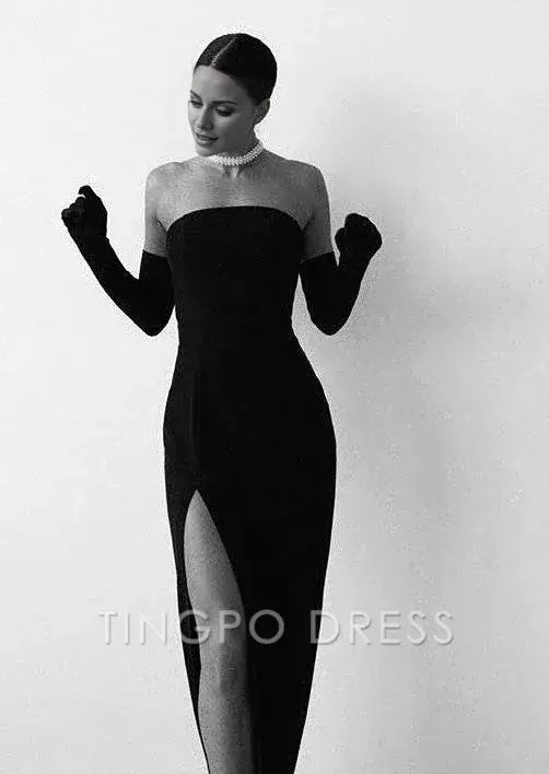 TingPo Wholesale Sexy Sheath Strapless Long Black Prom Dress With Gloves