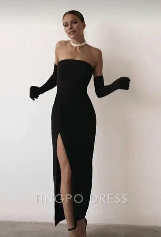 TingPo Wholesale Sexy Sheath Strapless Long Black Prom Dress With Gloves