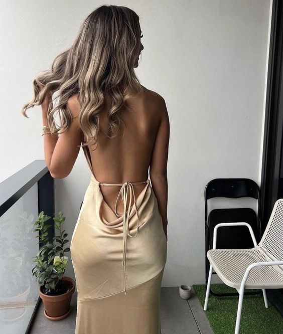 TingPo Wholesale Sexy Sheath Straps Backless Champagne Prom Dresses Evening Dress