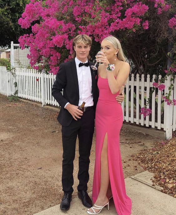 TingPo Wholesale Sexy Sheath Straps Pink Slit Prom Dresses Evening Dress