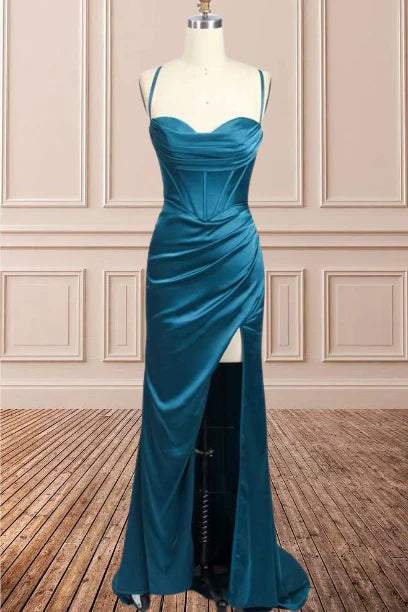 Wholesale Sheath Satin Spaghetti Straps Cowl Neck Ruched Long Prom Dress With Silt