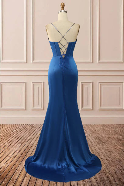 Wholesale Sheath Satin Spaghetti Straps Cowl Neck Ruched Long Prom Dress With Silt