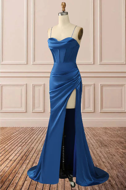 Wholesale Sheath Satin Spaghetti Straps Cowl Neck Ruched Long Prom Dress With Silt