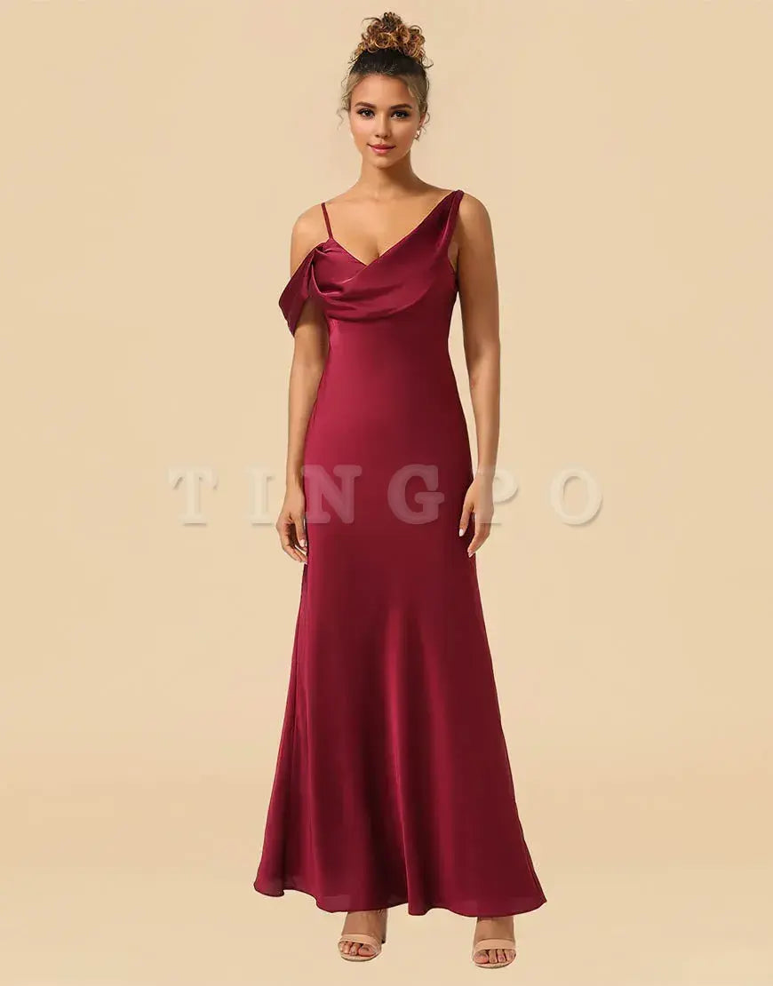 Wholesale Sheath Asymmetrical Shoulder Straps Floor Length Satin Bridesmaid Dress Bridesmaid dress shop