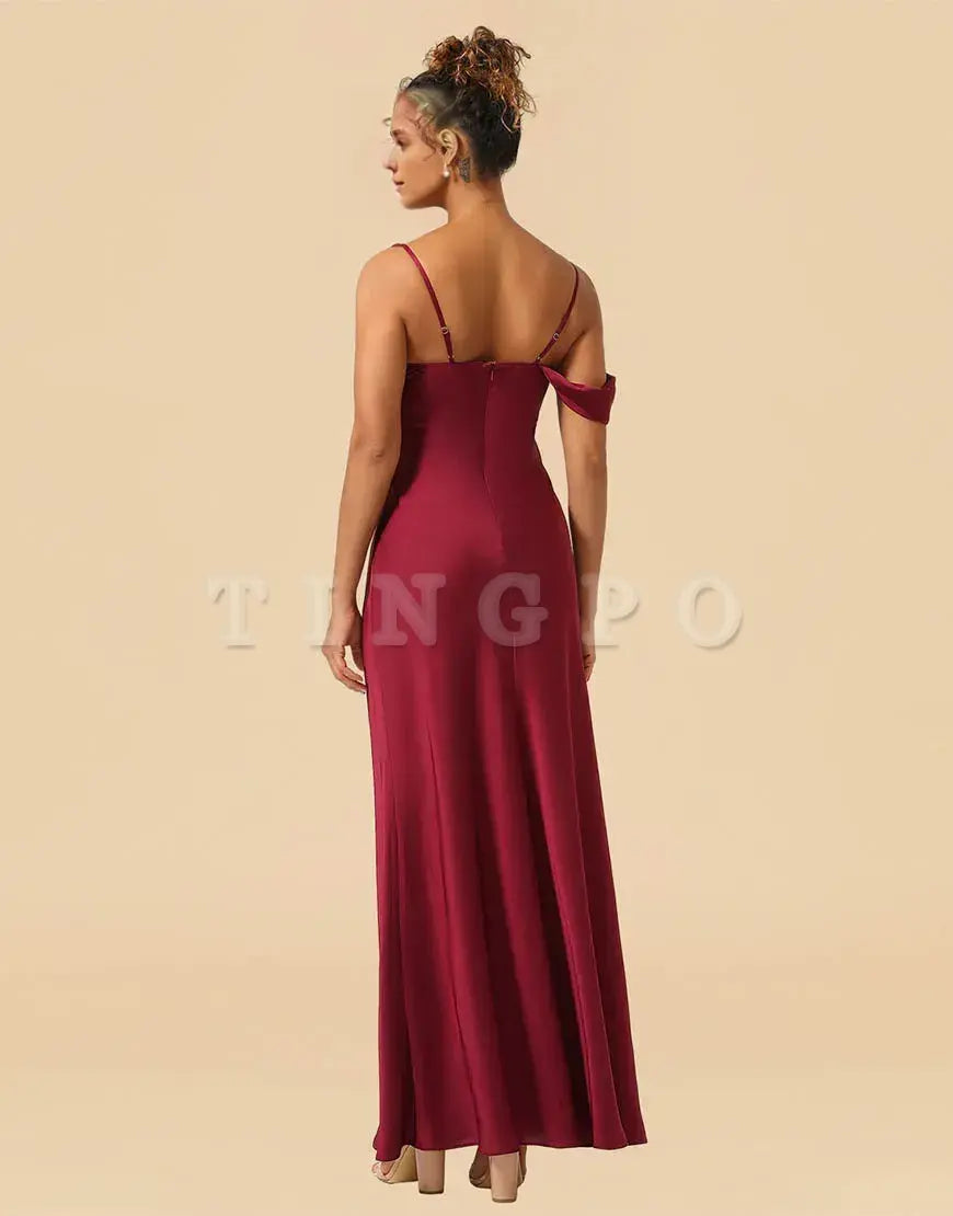 Wholesale Sheath Asymmetrical Shoulder Straps Floor Length Satin Bridesmaid Dress Bridesmaid dress shop