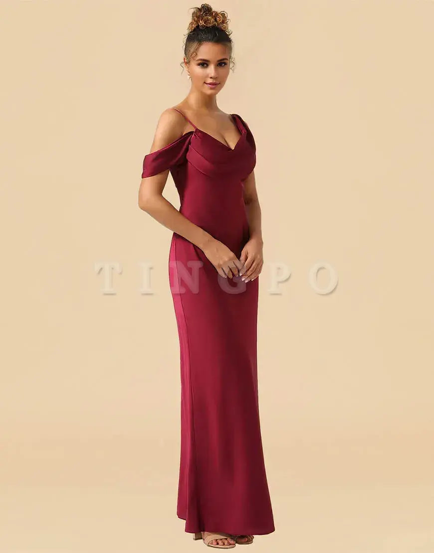 Wholesale Sheath Asymmetrical Shoulder Straps Floor Length Satin Bridesmaid Dress Bridesmaid dress shop