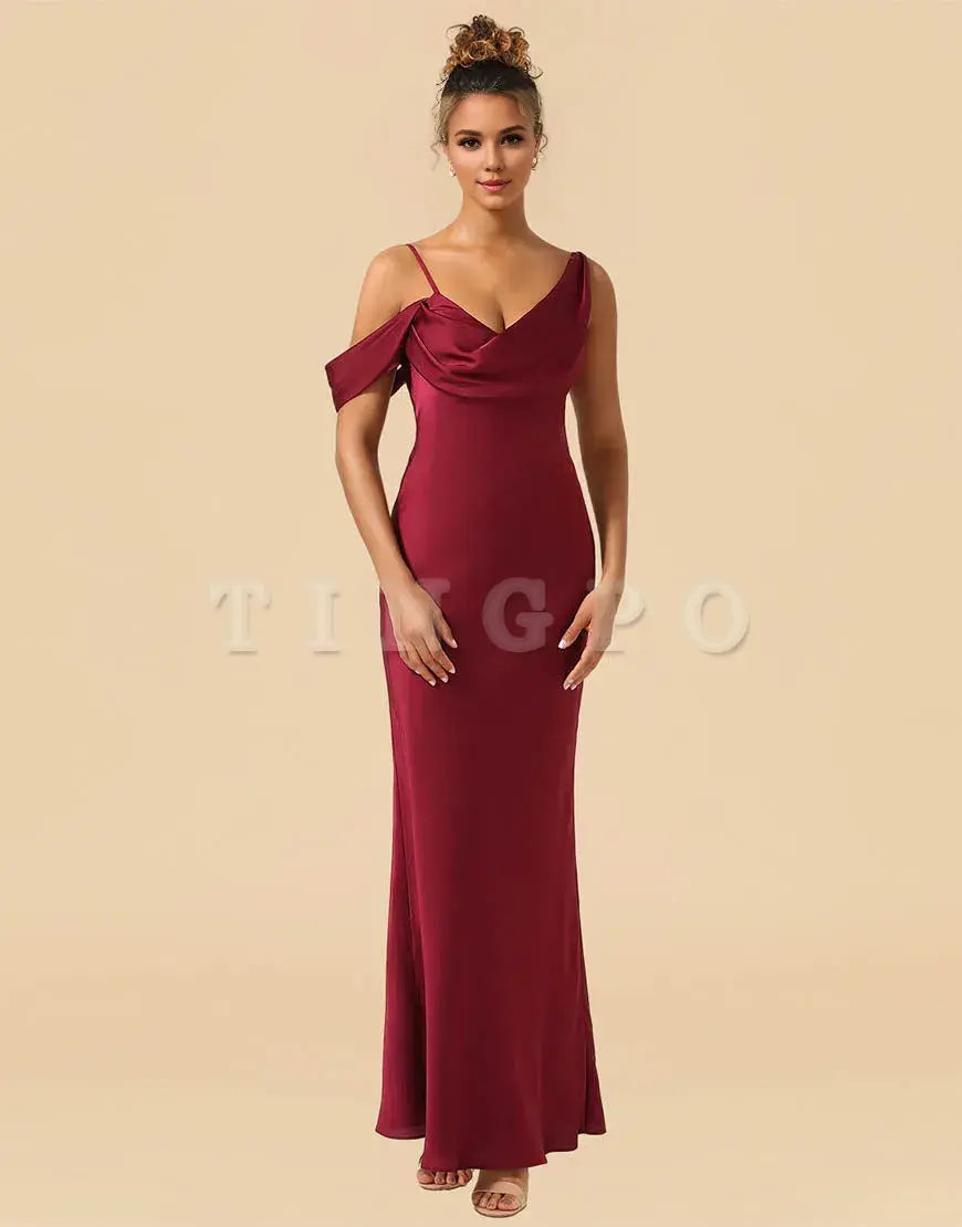 Wholesale Sheath Asymmetrical Shoulder Straps Floor Length Satin Bridesmaid Dress Bridesmaid dress shop