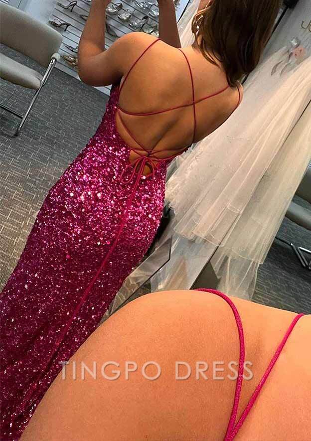 TingPo Wholesale Sheath/Column Bateau Spaghetti Straps Long/Floor-Length Velvet Sequins Prom Dress With Split
