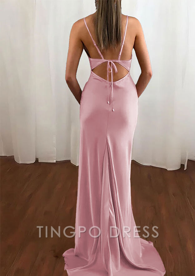 TingPo Wholesale Sheath/Column Cowl Neck Spaghetti Straps Sweep Train Satin Prom Dress