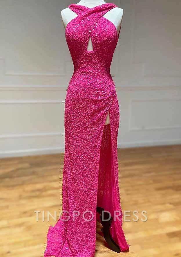 TingPo Wholesale Sheath/Column Halter Sleeveless Court Train Velvet Sequins Prom Dress With Split