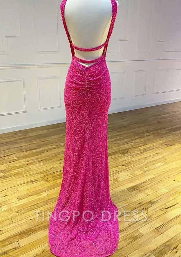 TingPo Wholesale Sheath/Column Halter Sleeveless Court Train Velvet Sequins Prom Dress With Split