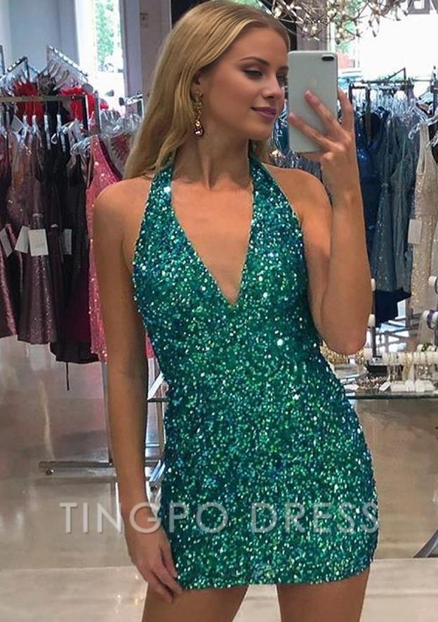 TingPo Wholesale Sheath/Column Halter Sleeveless Sequined Short/Mini Homecoming Dress