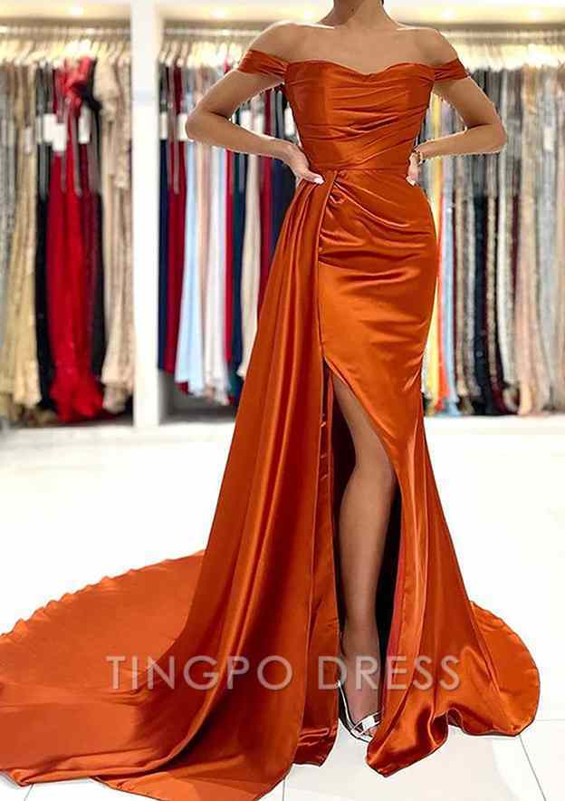 TingPo Wholesale Sheath/Column Off-the-Shoulder Short Sleeve Charmeuse Court Train Prom Dress With Pleated