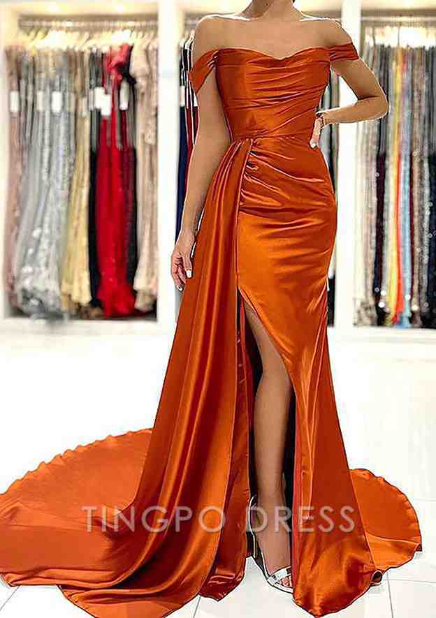 TingPo Wholesale Sheath/Column Off-the-Shoulder Short Sleeve Charmeuse Court Train Prom Dress With Pleated