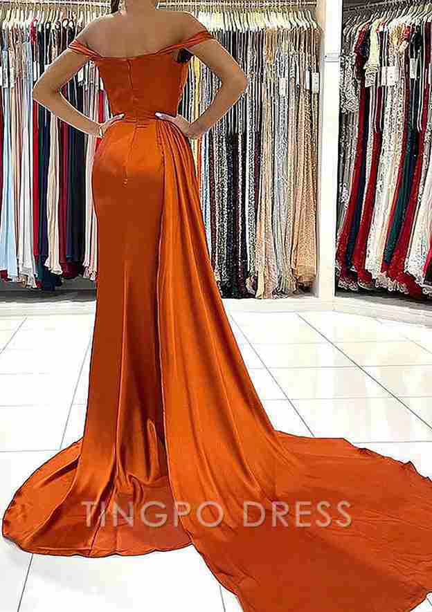 TingPo Wholesale Sheath/Column Off-the-Shoulder Short Sleeve Charmeuse Court Train Prom Dress With Pleated