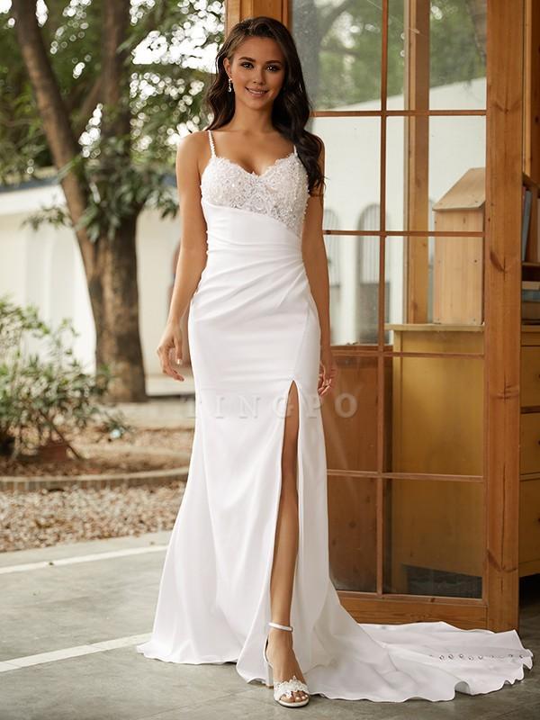 TingPo Wholesale Sheath/Column Crepe Lace V-neck Sleeveless Sweep/Brush Train Wedding Dresses