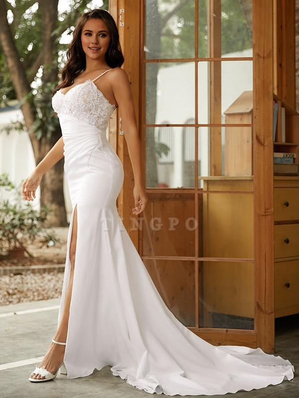 TingPo Wholesale Sheath/Column Crepe Lace V-neck Sleeveless Sweep/Brush Train Wedding Dresses