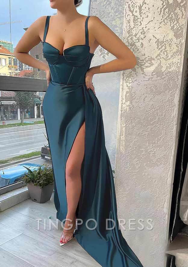 TingPo Wholesale Sheath/Column Sweetheart Sleeveless Sweep Train Satin Prom Dress With Pleated