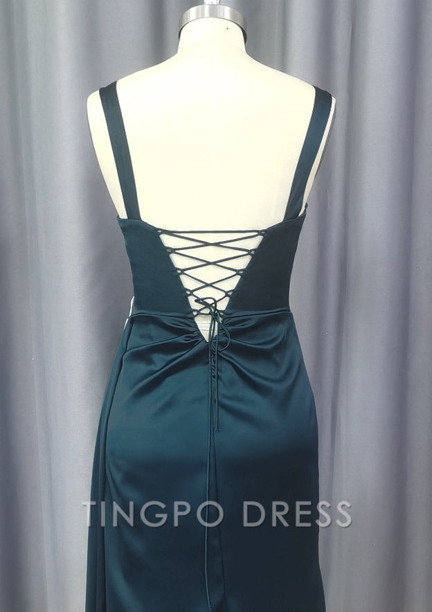 TingPo Wholesale Sheath/Column Sweetheart Sleeveless Sweep Train Satin Prom Dress With Pleated